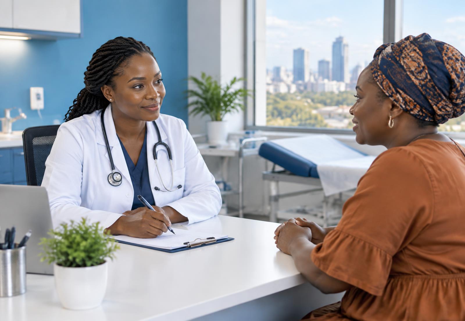 Clinician discussing a treatment plan before pharmacy dispensing