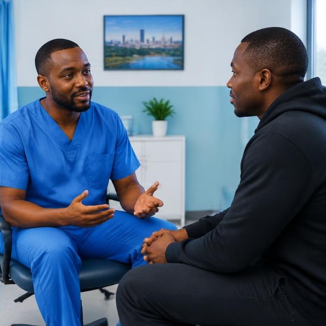 Patient receiving confidential aftercare guidance