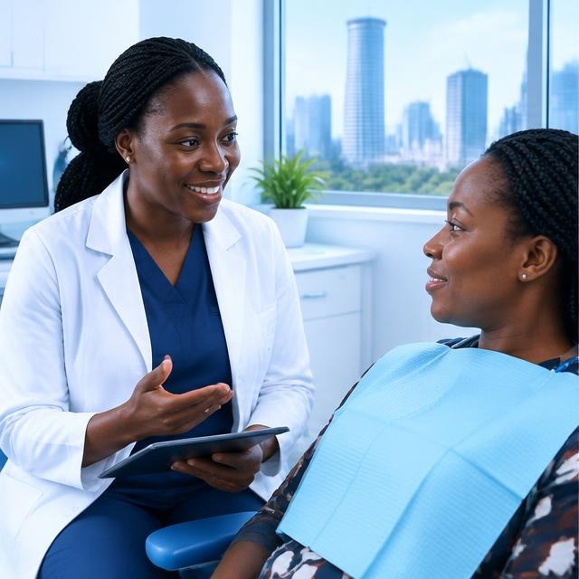 Dentist reassuring a patient before care