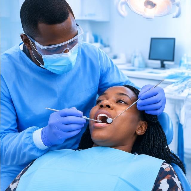 Patient receiving a routine dental examination