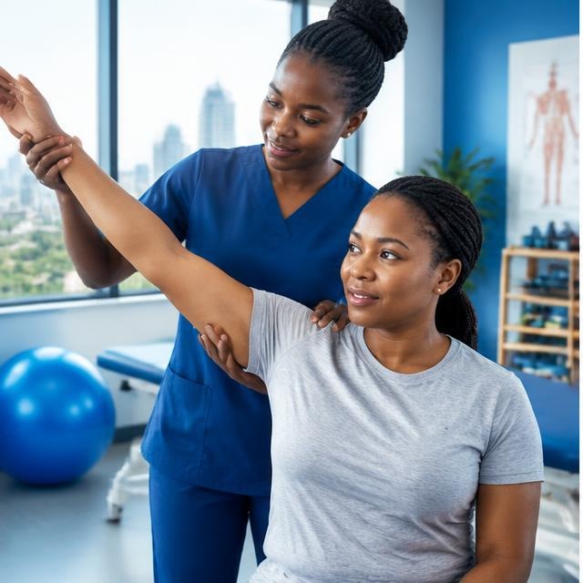 Physiotherapist guiding shoulder mobility