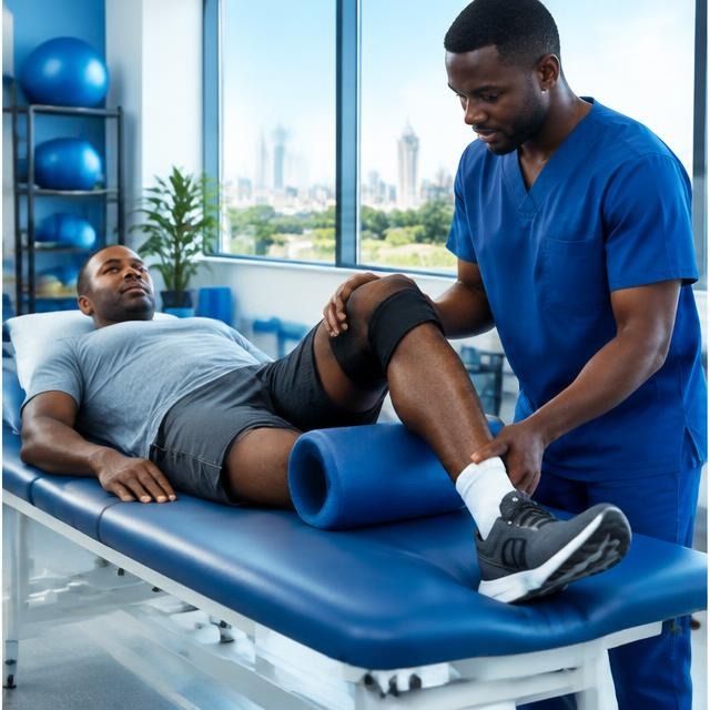 Patient receiving guided leg rehabilitation